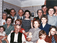 Horden, Co. Durham 1958. Back Row, L-R: Doris Hunter, Ted Richardson, Billy Faill, Marie Faill, Josie Faill, Tony Faill, Shirley Faill, Tommy Faill. Front Row, L-R: Teresa Faill (on knee of Kitty Faill), Thomas Faill (in front of Maureen Faill), Margaret Faill, Bridget Faill (in front of Catherine Faill), Pat Faill (crying) - (Kitty was married to Ted Richardson).